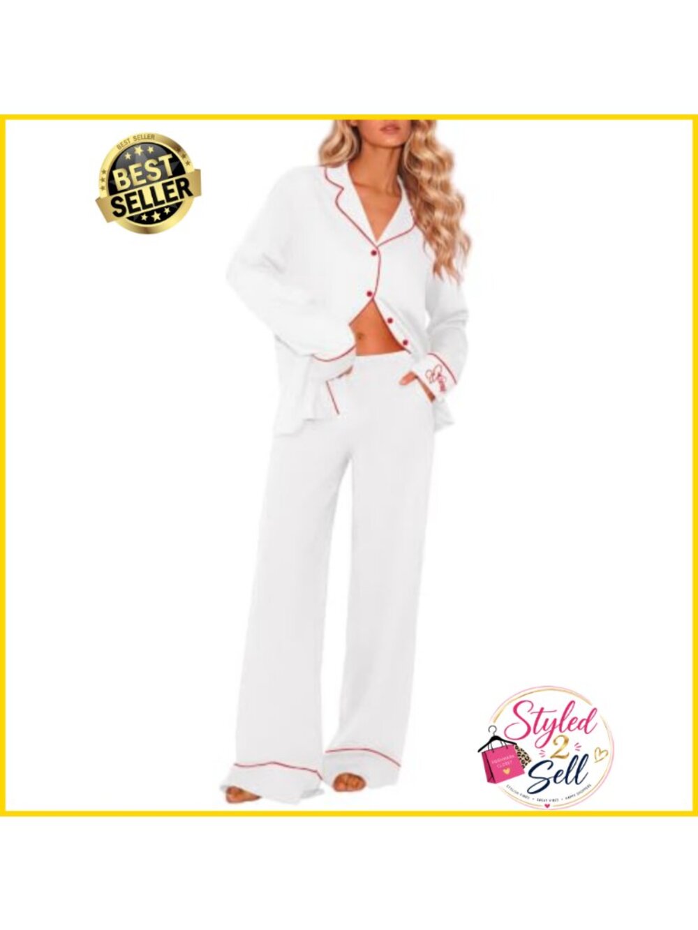 2 Piece Pajama Set Button Down Long Sleeve Lounge PJs Pockets